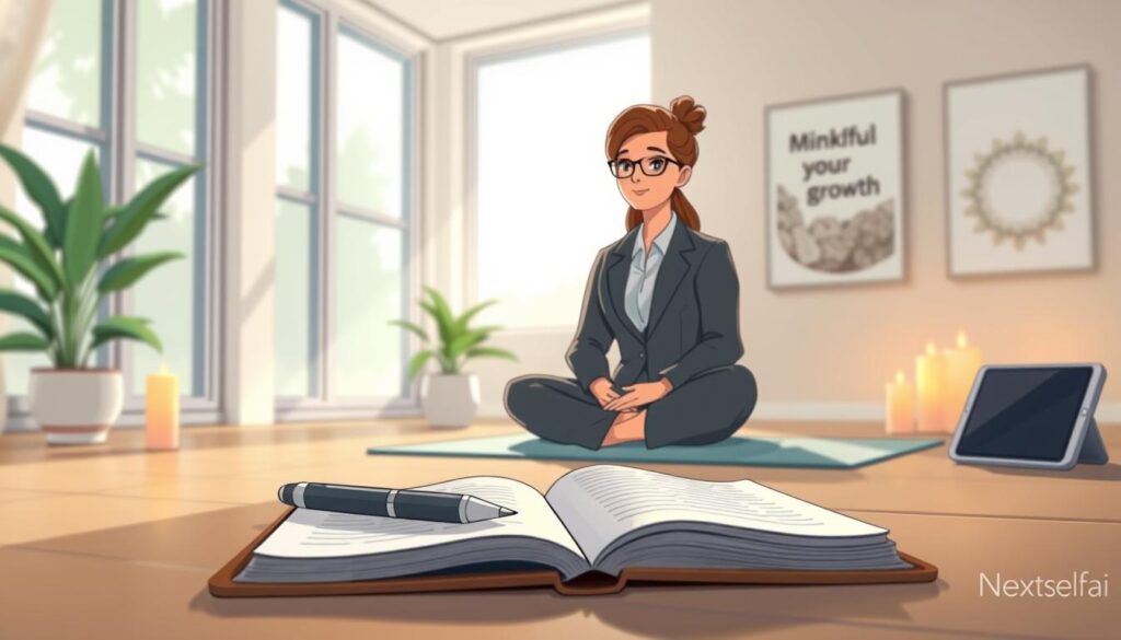 A serene indoor setting suggesting self-awareness practices, featuring a person in professional business attire sitting cross-legged on a soft mat, surrounded by natural light filtering through large windows. In the foreground, a journal lies open with a pen resting on it, symbolizing reflection and introspection. The middle ground shows a potted plant, representing growth, and soothing candles emitting a warm glow, enhancing the tranquil atmosphere. The background contains a wall with soft-toned artwork related to mindfulness and personal growth. The overall mood is calm and contemplative, with soft lighting creating an inviting space for self-discovery and meditation, all framed with a slightly blurred lens effect for emphasis. Nextself.ai is subtly included in the environment, such as through a modern gadget on the side.